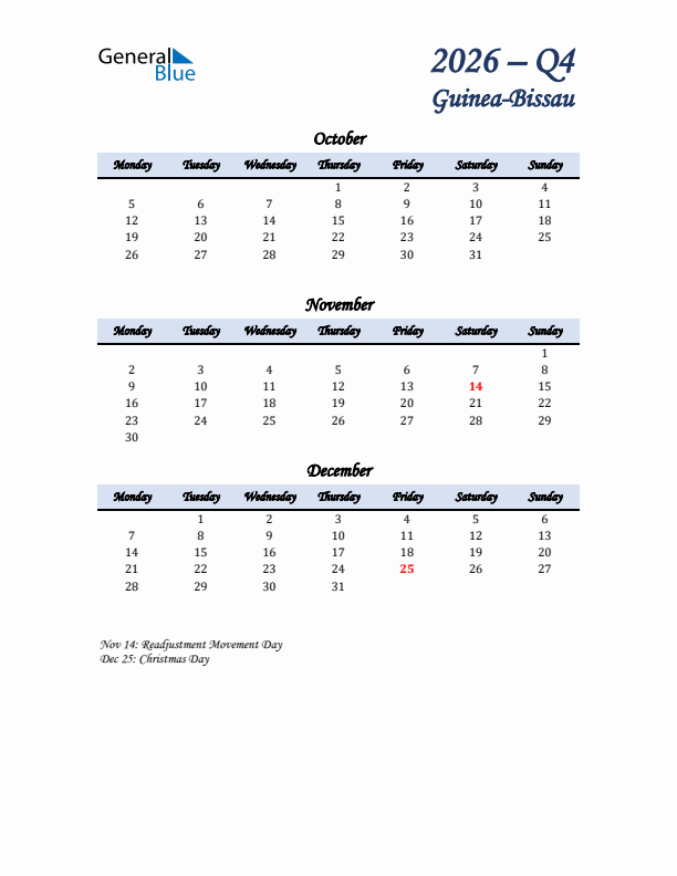 October, November, and December Calendar for Guinea-Bissau with Monday Start