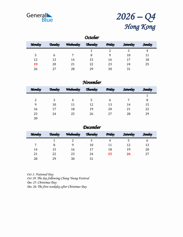 October, November, and December Calendar for Hong Kong with Monday Start