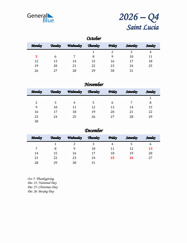 October, November, and December Calendar for Saint Lucia with Monday Start