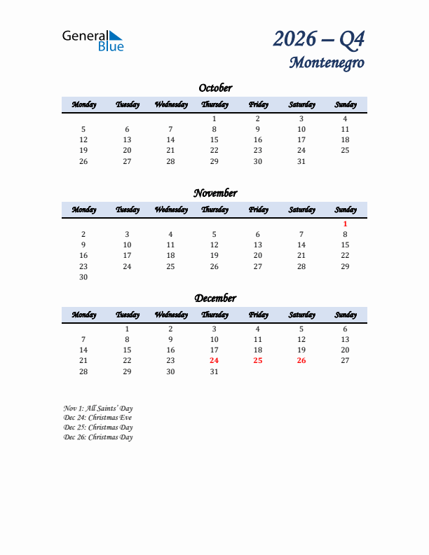 October, November, and December Calendar for Montenegro with Monday Start