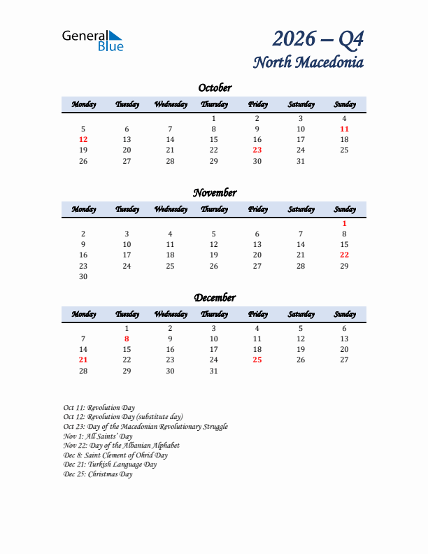 October, November, and December Calendar for North Macedonia with Monday Start