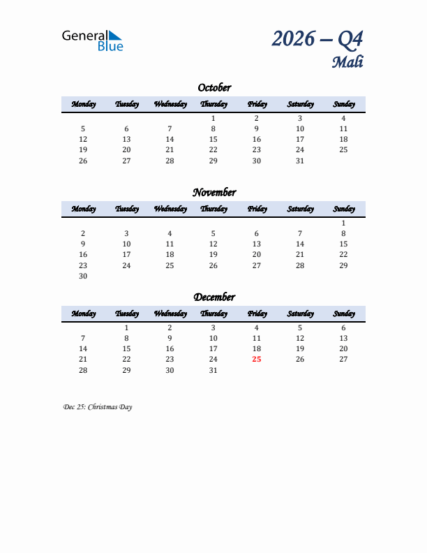 October, November, and December Calendar for Mali with Monday Start
