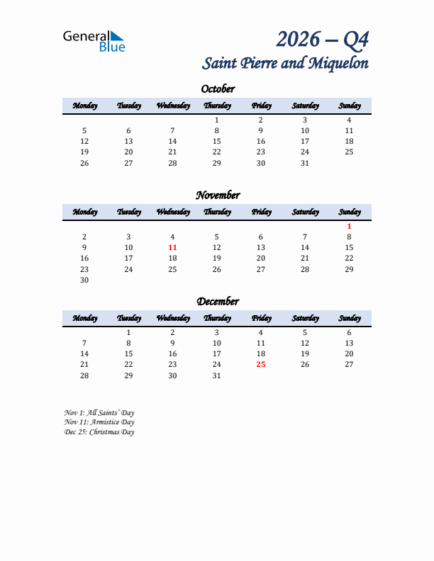 October, November, and December Calendar for Saint Pierre and Miquelon with Monday Start