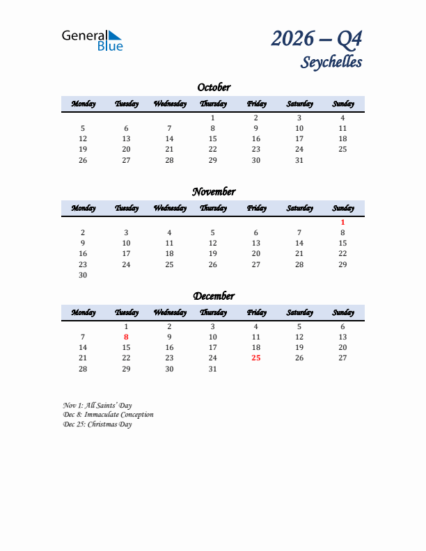 October, November, and December Calendar for Seychelles with Monday Start