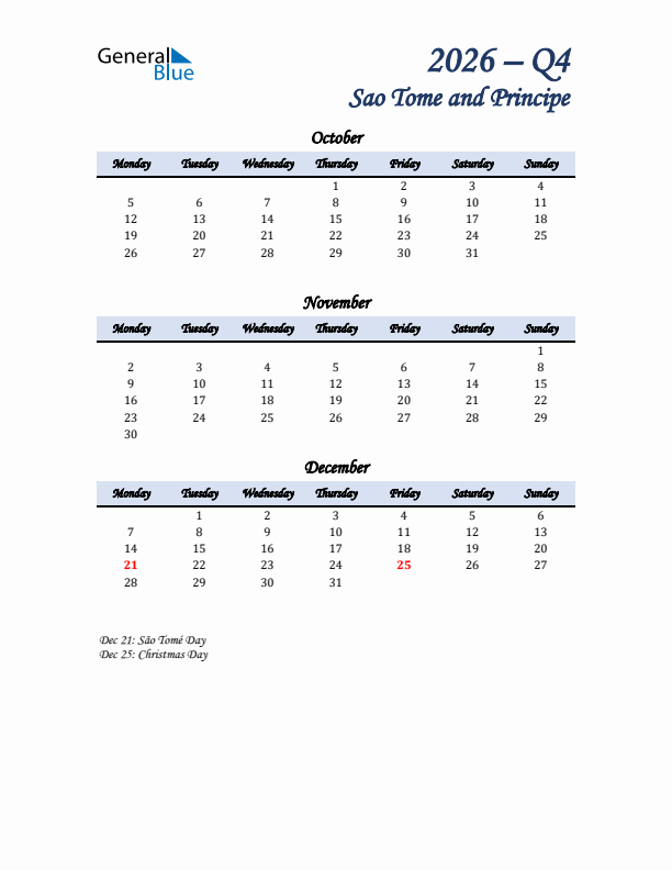 October, November, and December Calendar for Sao Tome and Principe with Monday Start