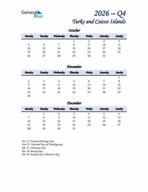 October, November, and December Calendar for Turks and Caicos Islands with Monday Start