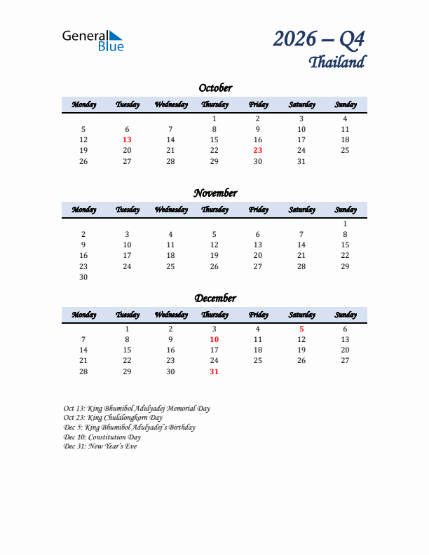 October, November, and December Calendar for Thailand with Monday Start