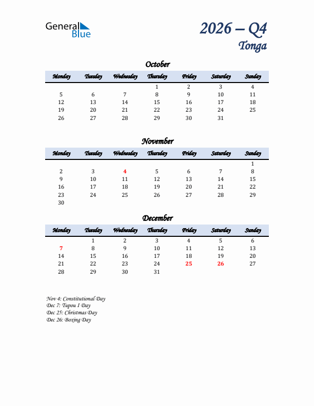 October, November, and December Calendar for Tonga with Monday Start