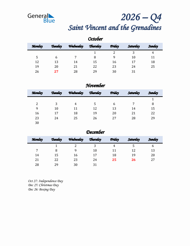 October, November, and December Calendar for Saint Vincent and the Grenadines with Monday Start