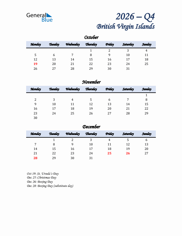 October, November, and December Calendar for British Virgin Islands with Monday Start