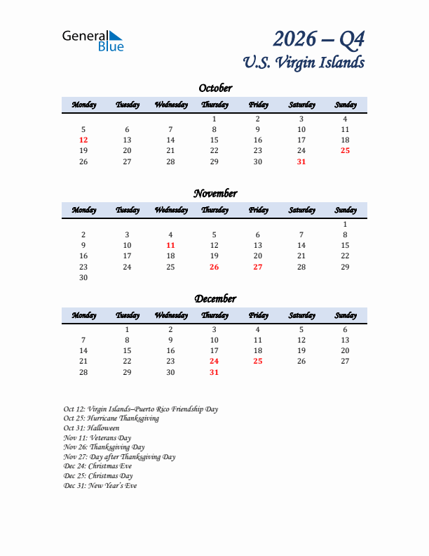 October, November, and December Calendar for U.S. Virgin Islands with Monday Start