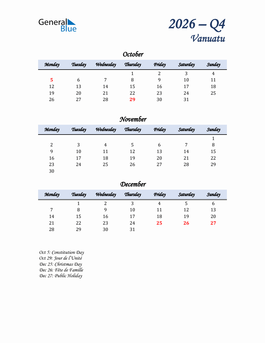 October, November, and December 2026 Calendar for Vanuatu - Monday Start