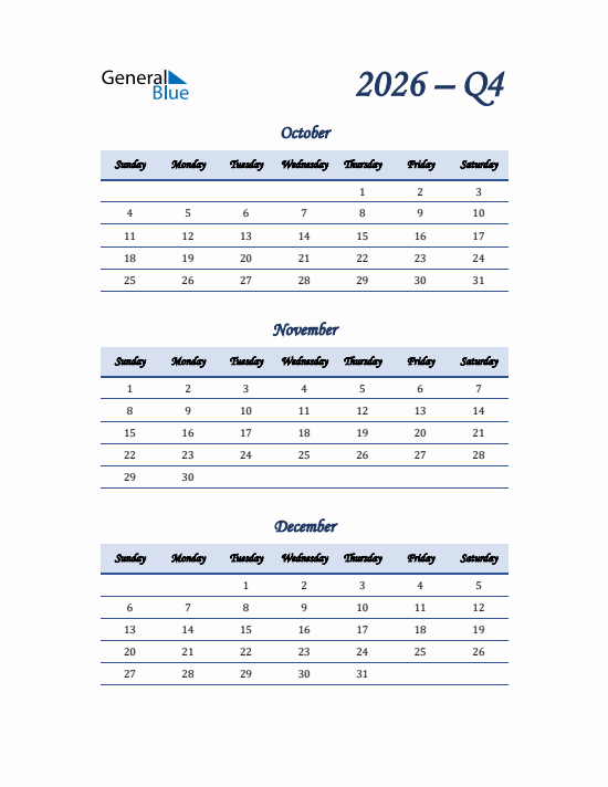 Quarter 4 2026 calendar template