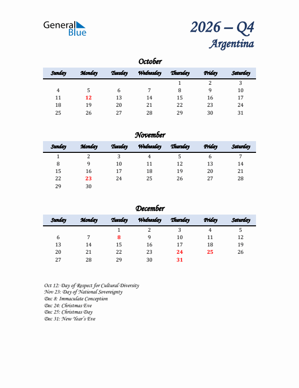 October, November, and December Calendar for Argentina with Sunday Start