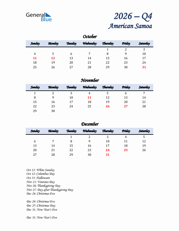 October, November, and December Calendar for American Samoa with Sunday Start