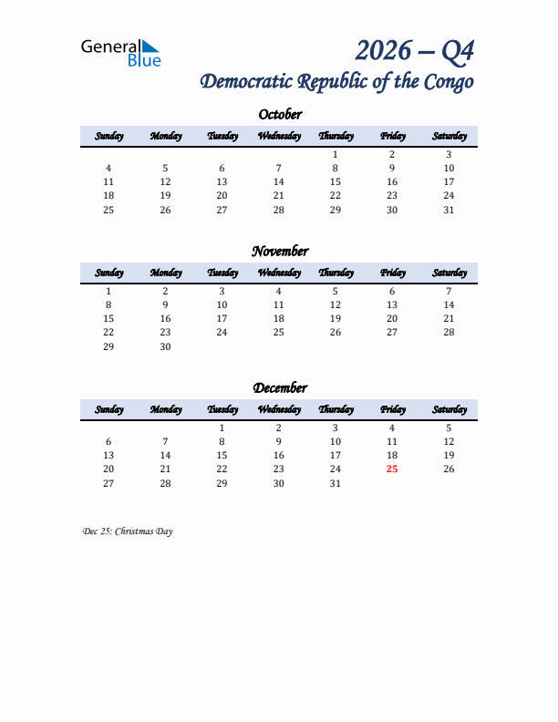 October, November, and December Calendar for Democratic Republic of the Congo with Sunday Start