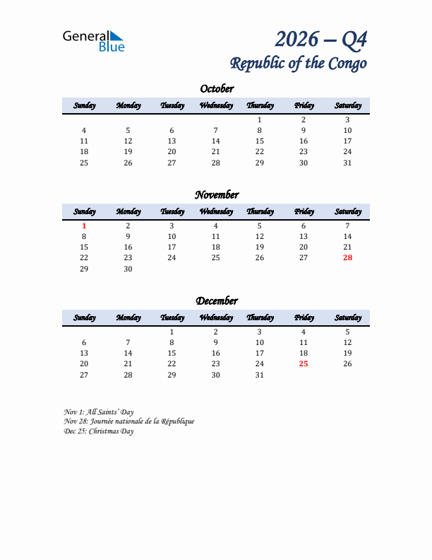 October, November, and December Calendar for Republic of the Congo with Sunday Start