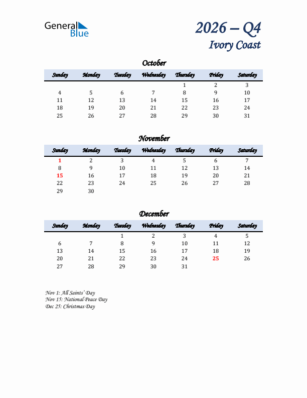 October, November, and December Calendar for Ivory Coast with Sunday Start