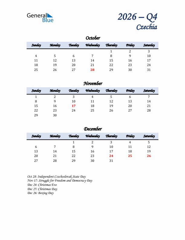 October, November, and December Calendar for Czechia with Sunday Start