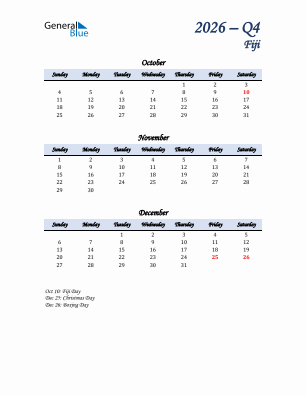 October, November, and December Calendar for Fiji with Sunday Start