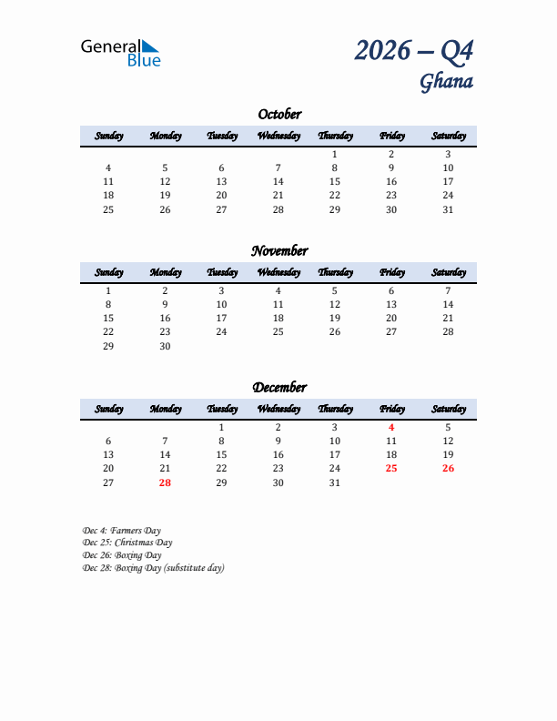 October, November, and December Calendar for Ghana with Sunday Start