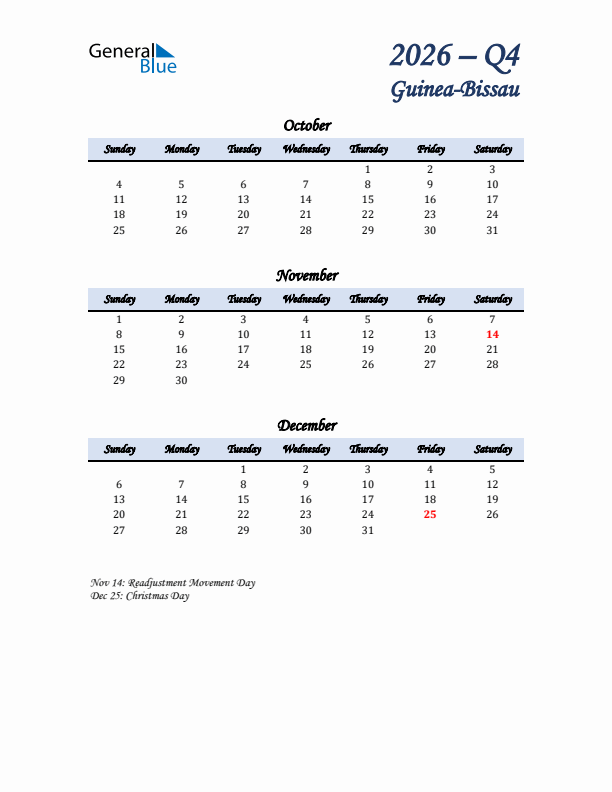 October, November, and December Calendar for Guinea-Bissau with Sunday Start