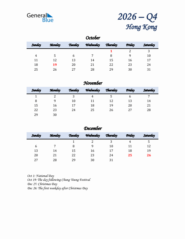 October, November, and December Calendar for Hong Kong with Sunday Start