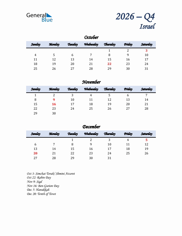 October, November, and December Calendar for Israel with Sunday Start