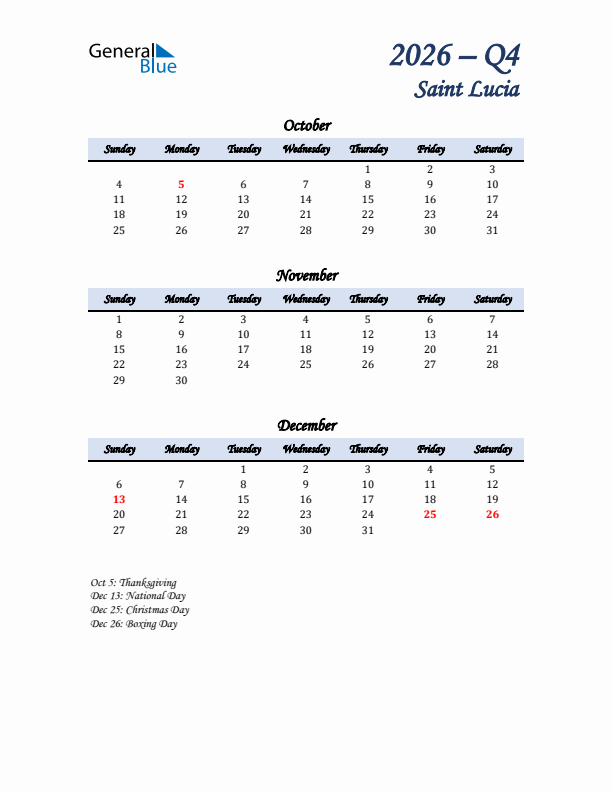October, November, and December Calendar for Saint Lucia with Sunday Start