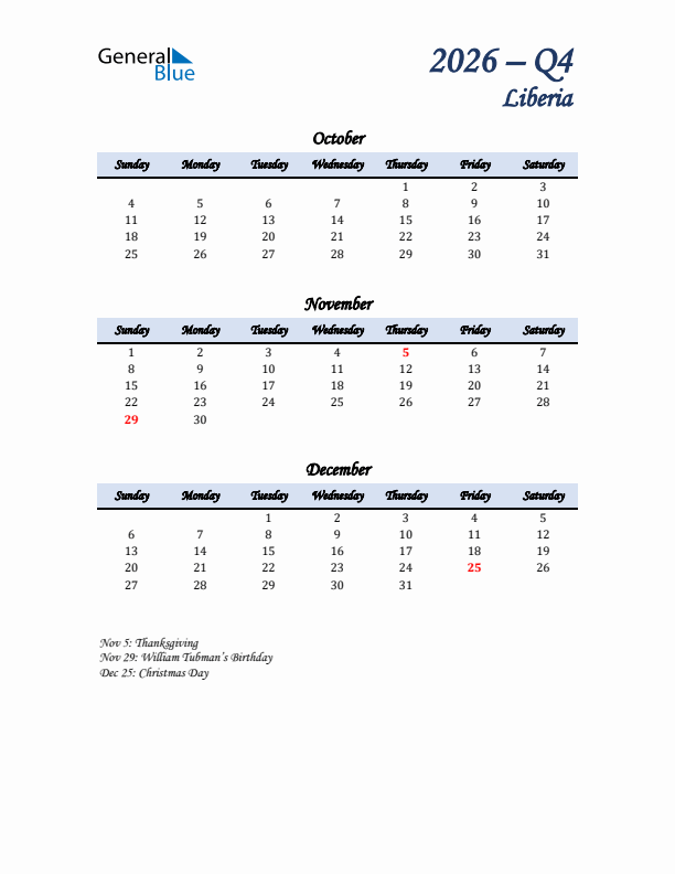 October, November, and December Calendar for Liberia with Sunday Start