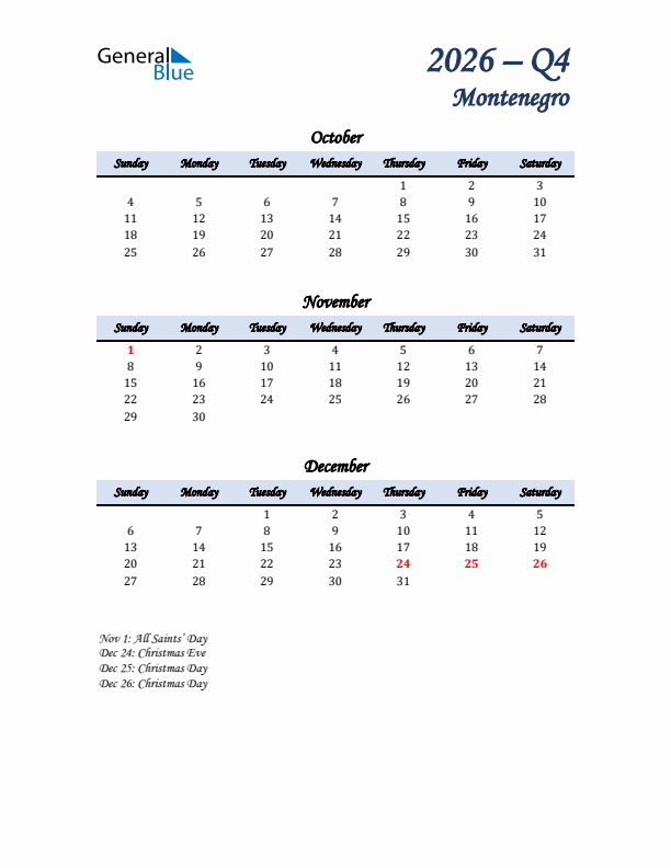 October, November, and December Calendar for Montenegro with Sunday Start