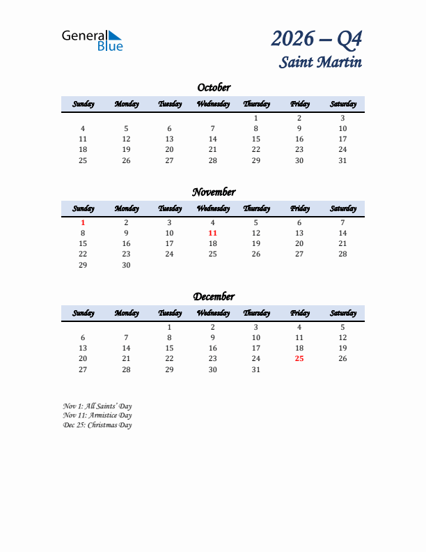 October, November, and December Calendar for Saint Martin with Sunday Start