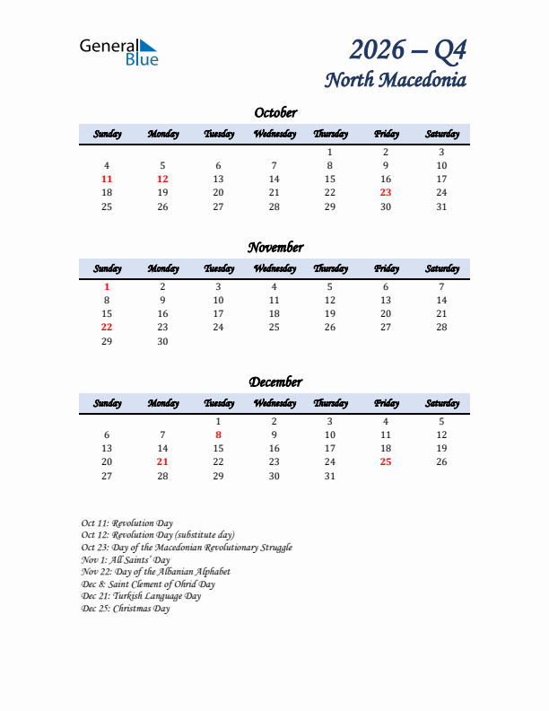 October, November, and December Calendar for North Macedonia with Sunday Start