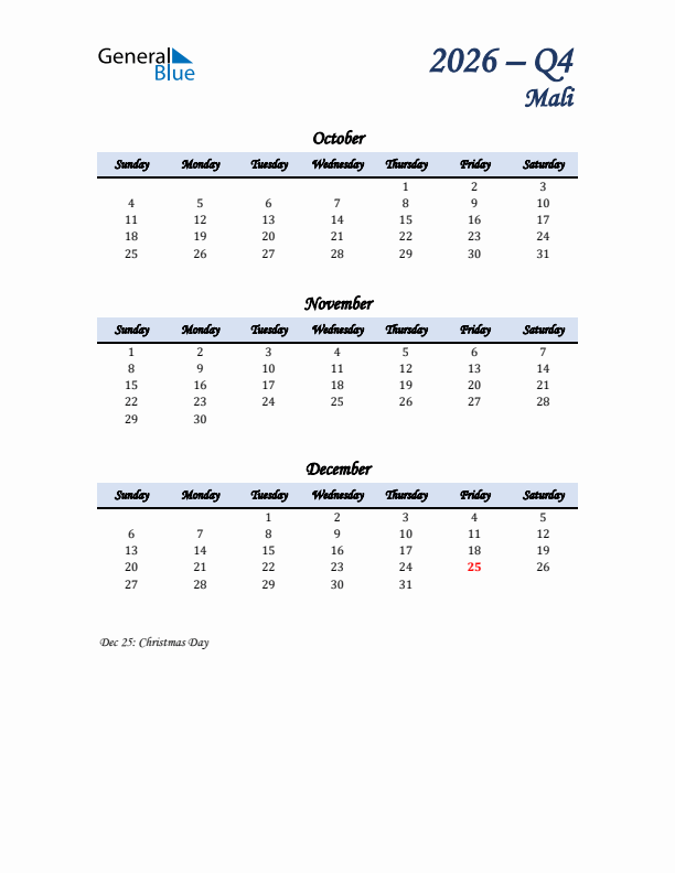 October, November, and December Calendar for Mali with Sunday Start