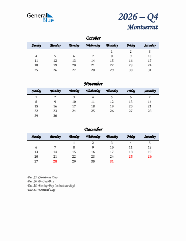 October, November, and December Calendar for Montserrat with Sunday Start
