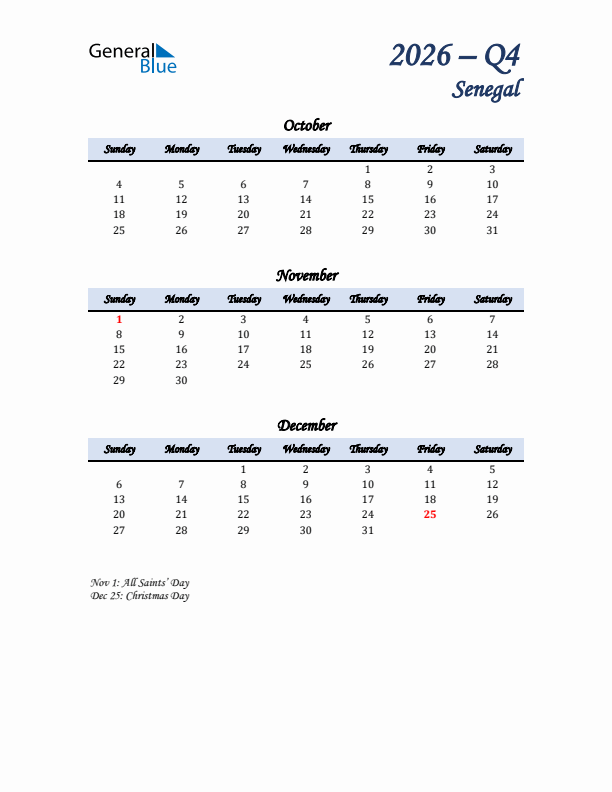 October, November, and December Calendar for Senegal with Sunday Start