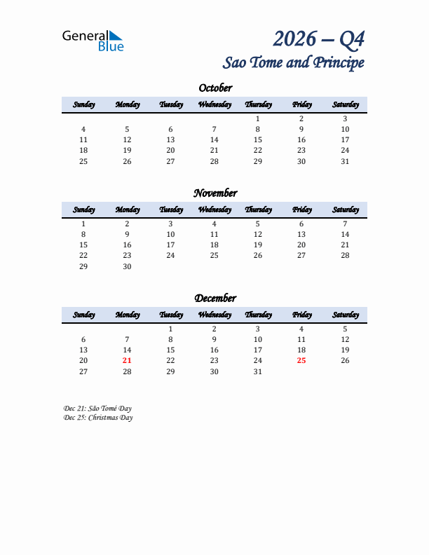 October, November, and December Calendar for Sao Tome and Principe with Sunday Start