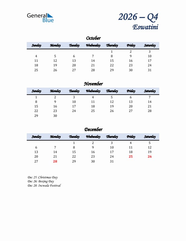 October, November, and December Calendar for Eswatini with Sunday Start
