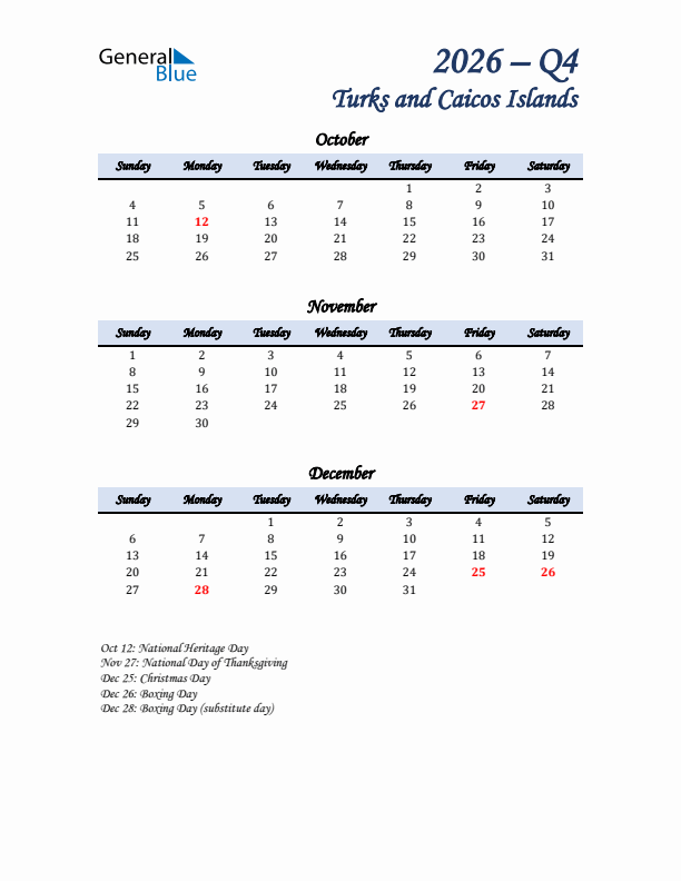 October, November, and December Calendar for Turks and Caicos Islands with Sunday Start