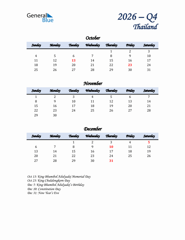 October, November, and December Calendar for Thailand with Sunday Start
