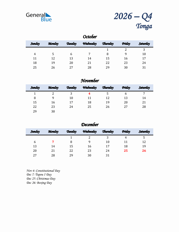 October, November, and December Calendar for Tonga with Sunday Start