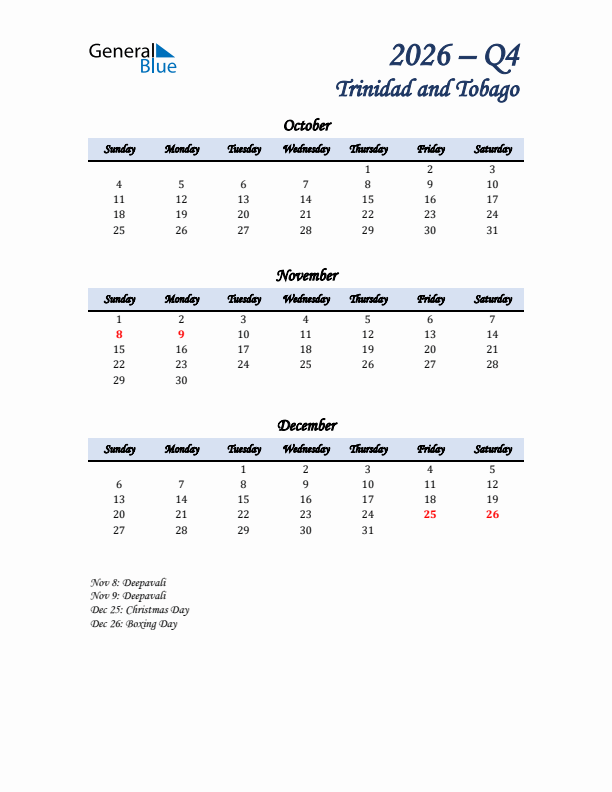 October, November, and December Calendar for Trinidad and Tobago with Sunday Start