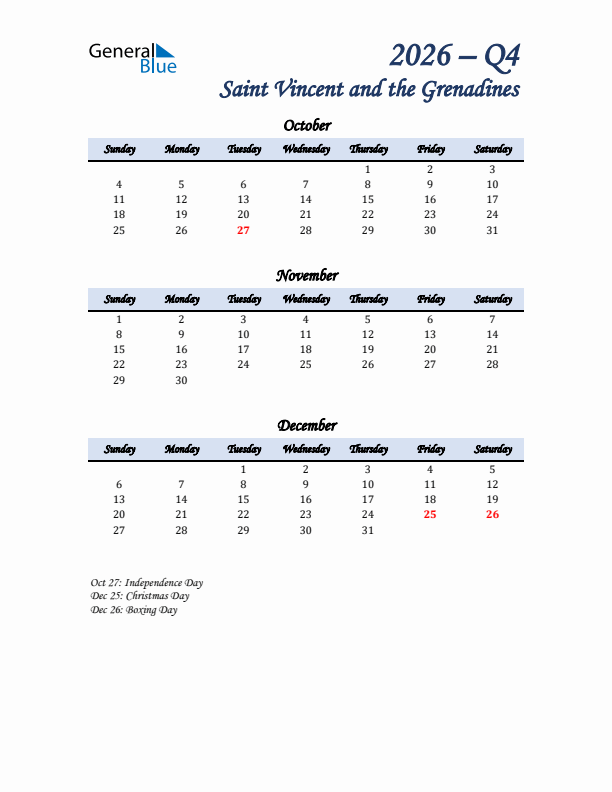 October, November, and December Calendar for Saint Vincent and the Grenadines with Sunday Start