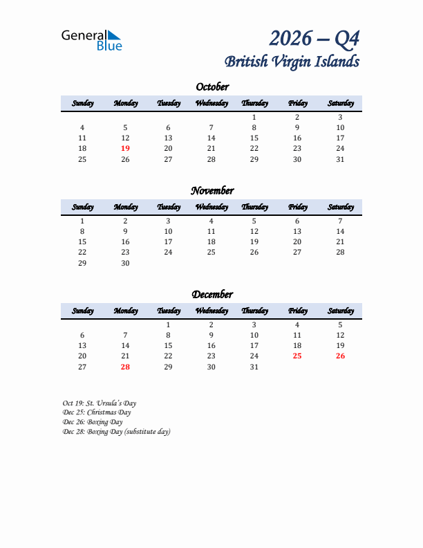 October, November, and December Calendar for British Virgin Islands with Sunday Start