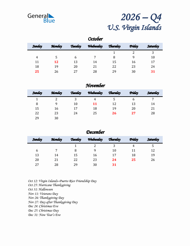 October, November, and December Calendar for U.S. Virgin Islands with Sunday Start