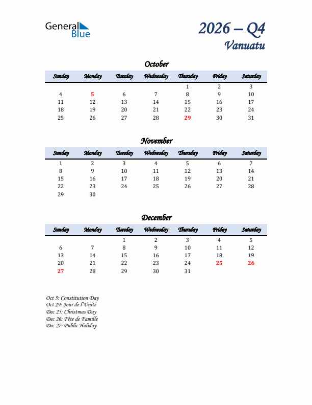 October, November, and December Calendar for Vanuatu with Sunday Start