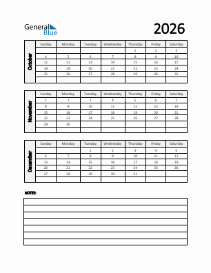Quarter 4  2026 calendar template