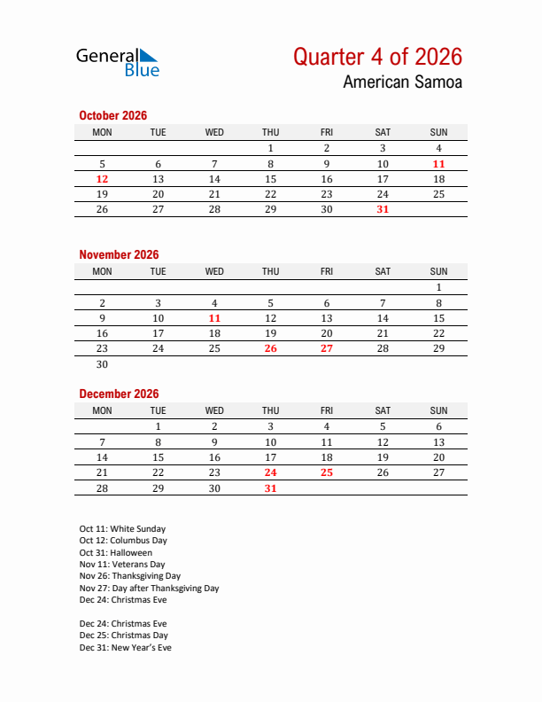Printable Three Month Calendar with American Samoa Holidays