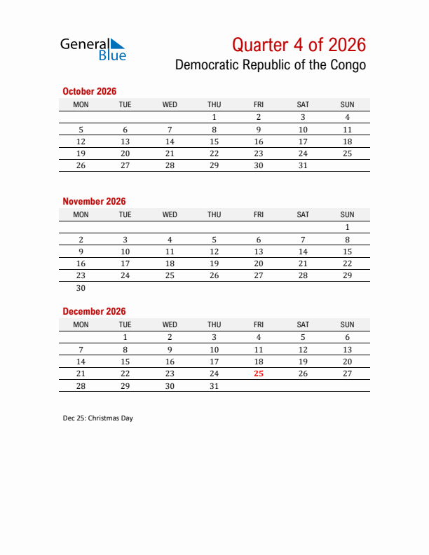 Printable Three Month Calendar with Democratic Republic of the Congo Holidays