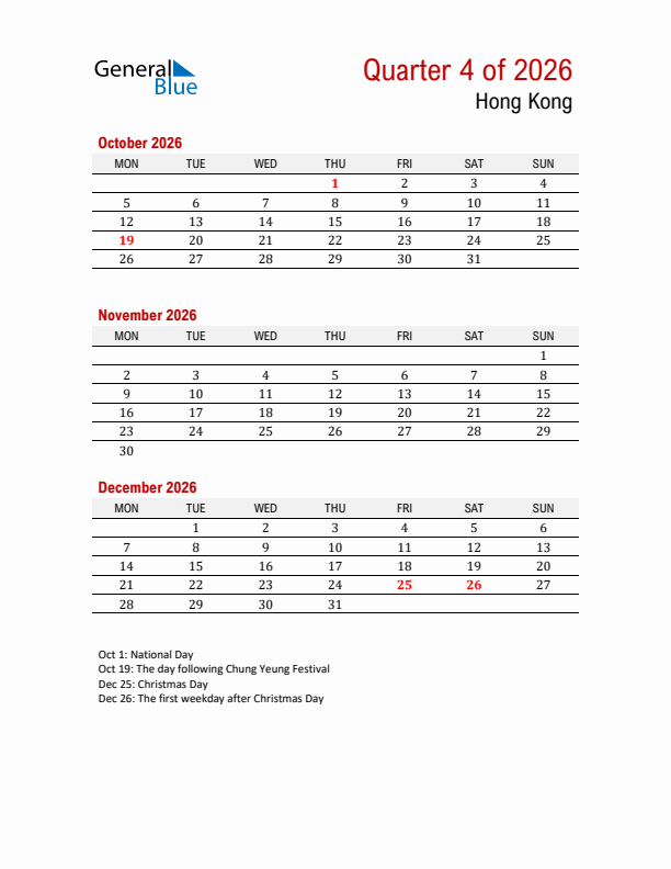 Printable Three Month Calendar with Hong Kong Holidays